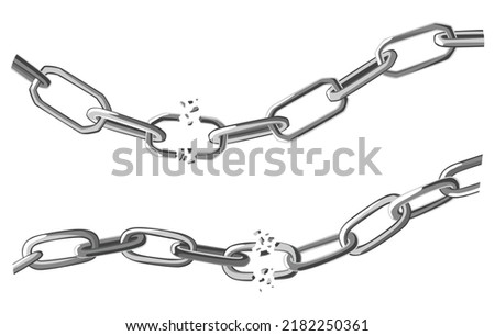 Broken steel chain links. Symbol of security and destruction. Freedom, disruption strong metal shackles concept. Vector illustration in flat style on white background