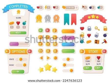 Game UI buttons. Mobile application or game interface elements. Cartoon colorful design. Progress bar, panel and indicators. Video gaming menu kit. Isolated medals and prizes