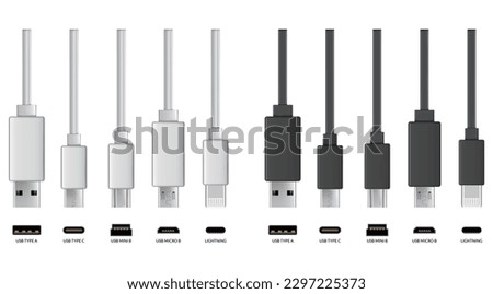 Usb cable connectors. Realistic vector set of phone jacks for cabling in white and black color. Cable for charging or transmitting information for modern electronic devices