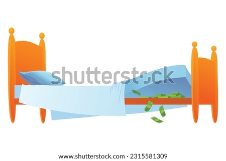 Keep money under bed mattress. Poor financial literacy, cash saving, cartoon vector illustration isolated on white. Dollar stash in bad place, person get cash