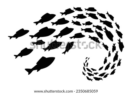 Fish school or shoal, vector silhouette. Shoal of fishes isolated on white. Sea fishes group in ocean or marine water. Illustration of colony small fish
