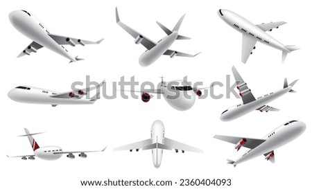 Airplanes on white background. Airliner in top, side, front view and isometric. Vector realistic aircraft. Passenger plane, sky flying aeroplane and airplane in different views