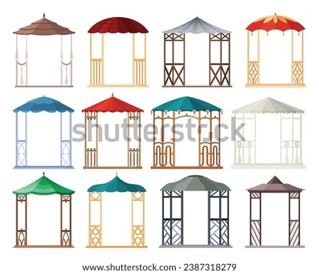 Gazebos pergolas in various styles. Architecture wooden bower flat cartoon icons set. Pavilion structure, city park or gardens area element isolated on white background. Vector illustration