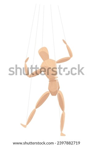 Wooden marionette with joints. Wood human anatomy, statue doll or handmade puppet theater toy men figure. Dummy or mannequin at control rope, vector illustration