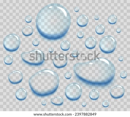 Water puddle drops set. Top view liquid splashes set, wet environment. Water spill or aqua scattered drops isolated on transparent background