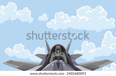 Pilot in the fighter. Aircraft-fighter cockpit overview. Aerobatic team in the air. A military fighter in the clouds. Figures of higher pilotage. The pilot of a military plane