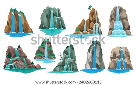 Collection of cartoon river cascade waterfalls. Landscapes with mountains and trees. Design elements for travel brochure or illustration mobile game. Fresh natural water