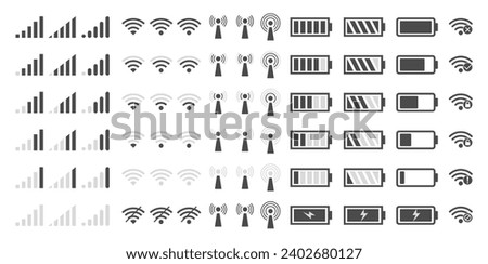 Phone signal WIFI and battery icons. Vector mobile interface top bar icon set for network signals and telephone charge levels status