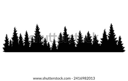 Fir trees silhouette. Coniferous spruce horizontal background pattern, black evergreen woods vector illustration. Beautiful hand drawn panorama of coniferous forest