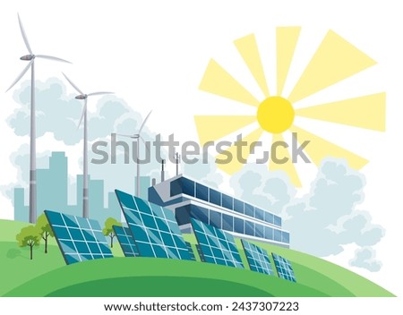 Clean electric energy concept. Renewable electricity resource from solar panels and wind turbines. Ecological change of the future. City skyline and nature landscape on background