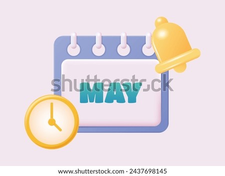 3d calendar icon. May. Daily schedule planner. Calendar events plan, work planning concept. 3d cartoon simple vector illustration