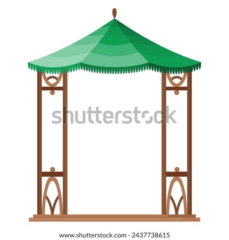 Gazebos pergola style. Architecture wooden bower flat cartoon icon. Pavilion structure, city park or gardens area element isolated on white background. Vector illustration