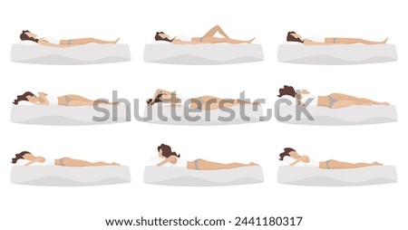 Correct and incorrect sleeping body posture. Healthy sleeping position spine in various mattresses and pillow. Caring for health of back, neck. Comparative vector illustration