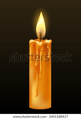 Burning candle with dripping or flowing wax. Yellow candle with golden flame. Lit and melted wax. Illustration of beautiful glowing candle on dark background