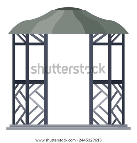 Gazebos pergola style. Architecture wooden bower flat cartoon icon. Pavilion structure, city park or gardens area element isolated on white background. Vector illustration