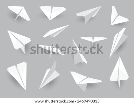 Paper planes collection. Origami handmade aircraft set in different view. Vector white model paper airplanes with shadow, isolated on gray background