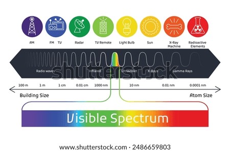 Spectrum wavelength. Visible spectrum color range. Educational physics light line. Wavelengths of the visible part of the spectrum for human eyes