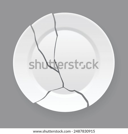 Broken white plate. Shattered food plate, cracked porcelain dish. Dishware with damage. Icon isolated on white background. Vector illustration