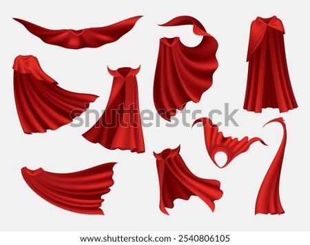 Superhero red cape in different positions, front and side view. Scarlet fabric silk cloak. Mantle costume or cover cartoon vector set