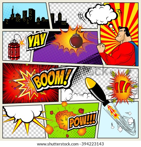 Comics Template. Vector Retro Comic Book Speech Bubbles Illustration. Mock-up of Comic Book Page with place for Text, Speech Bubbls, Symbols, Sound Effects, Colored Halftone Background and Superhero Foto d'archivio © 