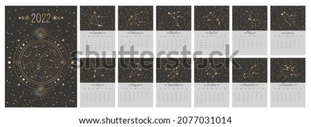 Vector vertical year 2022 loose leaf celestial calendar with ornate golden zodiac circle and stars on a cover. A3, A2 twelve months planner with horoscope constellations and astronomical symbols.