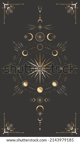Vector celestial background with ornate outline star, moon phases, dotted radial circles, crescents, beams and frame with arrows. Mystic golden linear banner with magical symbols. Cover for tarot card