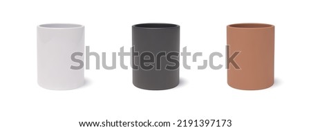 3D realistic glossy white, black and terracotta ceramic flower pots with drop shadows. Three-dimensional empty cylinder reservoirs for house plants. Vector isolated clipart
