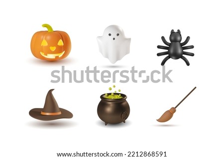 Halloween set of 3D realistic decorative elements in cartoon style. Vector collection of illustrations with creepy ghost, cute smiling pumpkin, spider, witch hat, boiler and broom. Holiday clipart