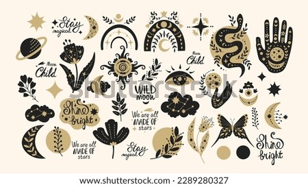 Golden Celestial elements set. Mystical collection with vector illustrations of stars, moon, flowers, botany, snake, hand, rainbow, crescent, eye, butterfly, handwritten lettering.