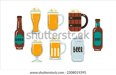 Beer mugs and bottles set. Flat style vector collection with various foamy drink glassware and metal beer can with inscription