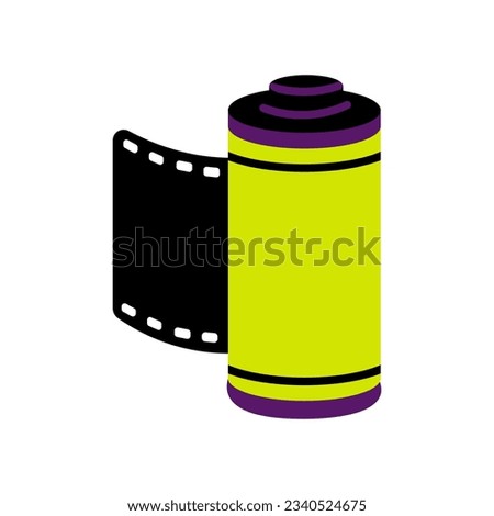 Photo camera roll vector illustration. Vintage black camera roll in yellow cylinder tube