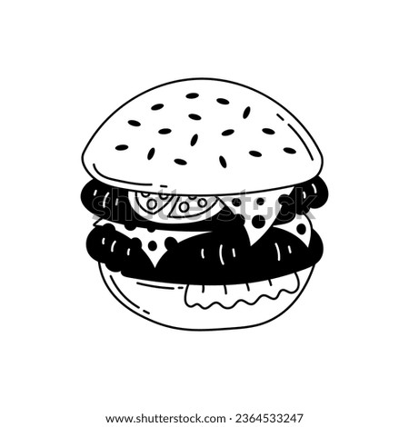 Double burger doodle. Vector illustration of hamburger or cheeseburger. American fast food line art. Sketch style.