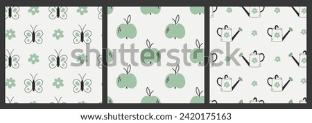 Spring doodle seamless patterns set. Hand drawn green backgrounds collection with gardening elements, flower, watering can, apple, butterfly. Repeat vector illustration.