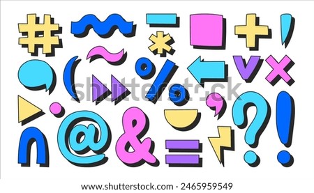 Punctuation marks colorful design elements Set. Collection of hand drawn computer keyboard symbols and signs. Decorative education stickers for student kids children classroom