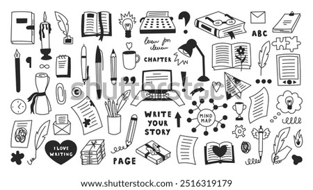 Book Writer Doodle Icons Set. Large collection of hand drawn Writing tools equipment and symbols. Outline book reading signs for author publisher journalist.