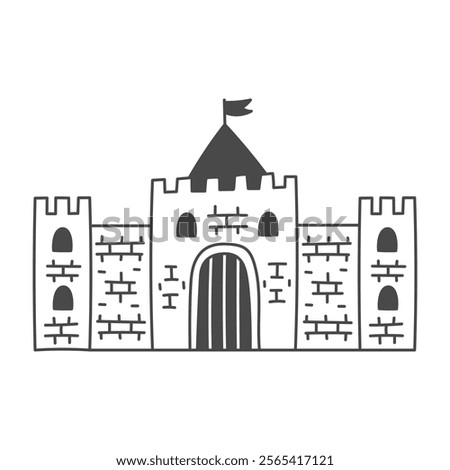 Medieval Castle Hand drawn illustration. Outline royal architecture building. Fortress with turrets and flag. Isolated vector illustration