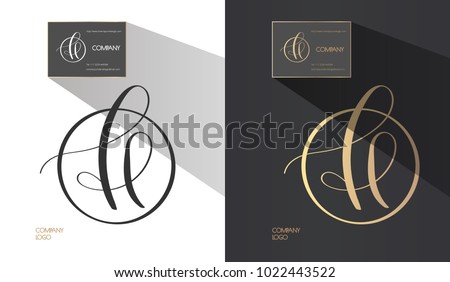 Luxury brand line logo with calligraphic uppercase H or lowercase f, l, e letter combination in a circle. Classic style branding templates. Business cards and used seamless patterns included