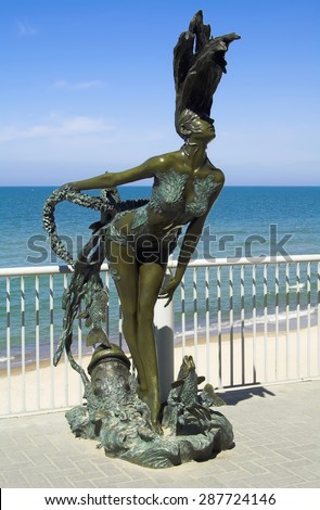 KALININGRAD, RUSSIA - MAY 16,2008: Bronze mermaid sculpture on the boardwalk of Svetlogorsk. The sculpture \