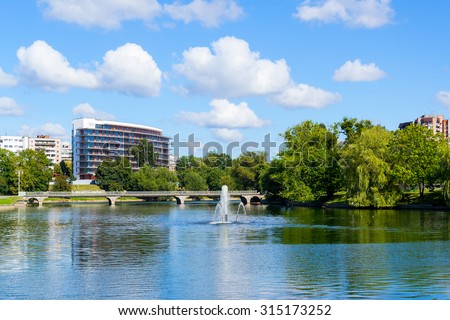 KALININGRAD, RUSSIA - SEPTEMBER 10, 2015: in September on the Lower lake of Kaliningrad was running fountain, which is set in the Soviet Union. This was the 13th fountain in the city