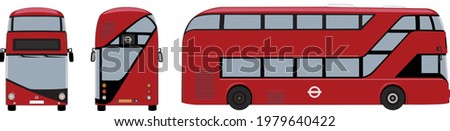 vector London Red Bus in front, rear and side view, new style red bus with white background, true-to-scale, realistic painting method