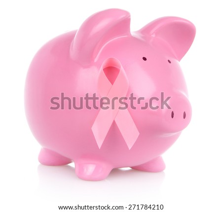 Piggy Bank with breast cancer ribbon on White Background
