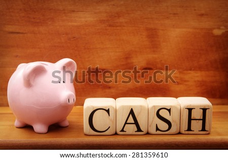 Piggy Bank with blocks spelling out cash