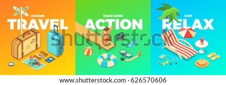 Summer Vacation Activities, Isometric Accessories, Travel, Action, Relax, Fun, isolated vector illustrations