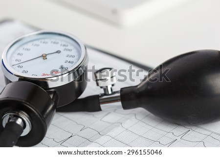 Medical manometer lying on cardiogram chart closeup. Medical help, prophylaxis, disease prevention or insurance concept. Cardiology care,health, protection and prevention. Healthy life concept