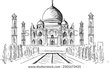 Taj Mahal white marble mausoleum landmark in Agra, line art, Hand drawing, Uttar Pradesh, India, beautiful ancient tomb building of Mughal architecture, popular touristic place marble exterior