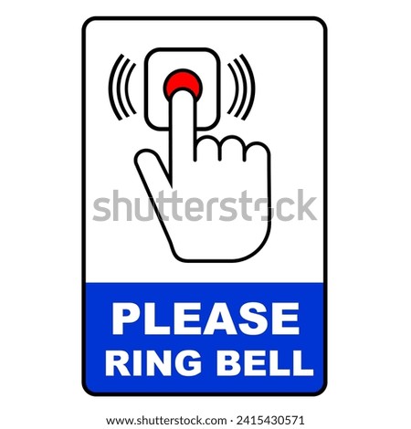 please ring bell sign with blue and white theme printable with touch hand illustration. ressing the doorbell symbol. Adjustable stroke width.