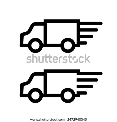 Truck icon set. Freight, delivery symbol. truck sillhouette for web, social media, printable. Vector illustration. Black contour linear silhouette. Side view truck. Editable strokes. fast delivery.