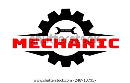 mechanic logo with wrench and ge. Minimalist Spanner Wrench Gear Logo, Engineering Mechanical Tools Design Vector silhouette. Automotive industry logo with wrench element