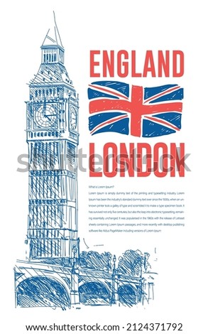 Big ben London. Vector architecture sketch illustration England Flag. Hand drawn sketch Vector Poster.