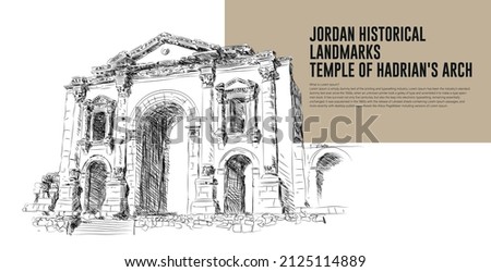 JORDAN HISTORICAL
LANDMARKS TEMPLE OF HADRIAN'S ARCH. Free Hand Drawing Art.
